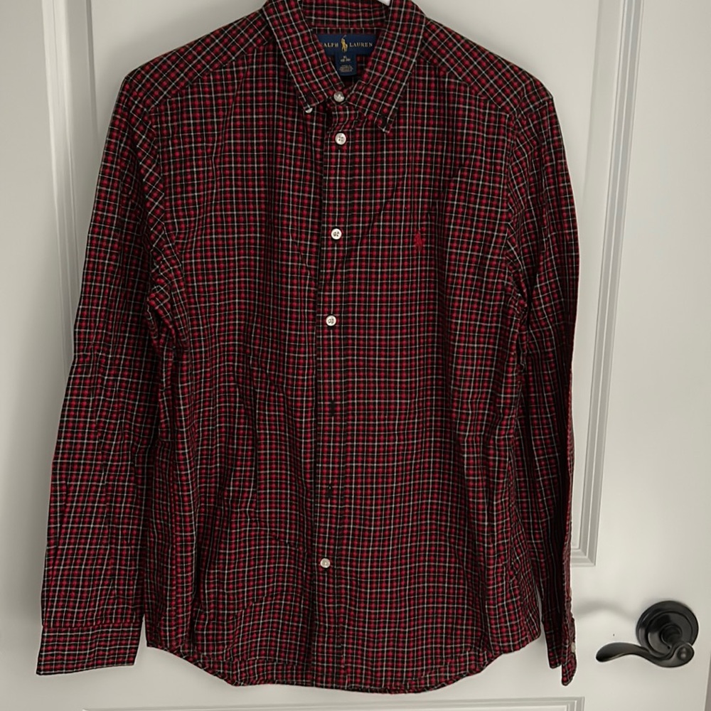 Boys Size XL (18-20) Ralph Lauren button down Polo Black, Red and White plaid